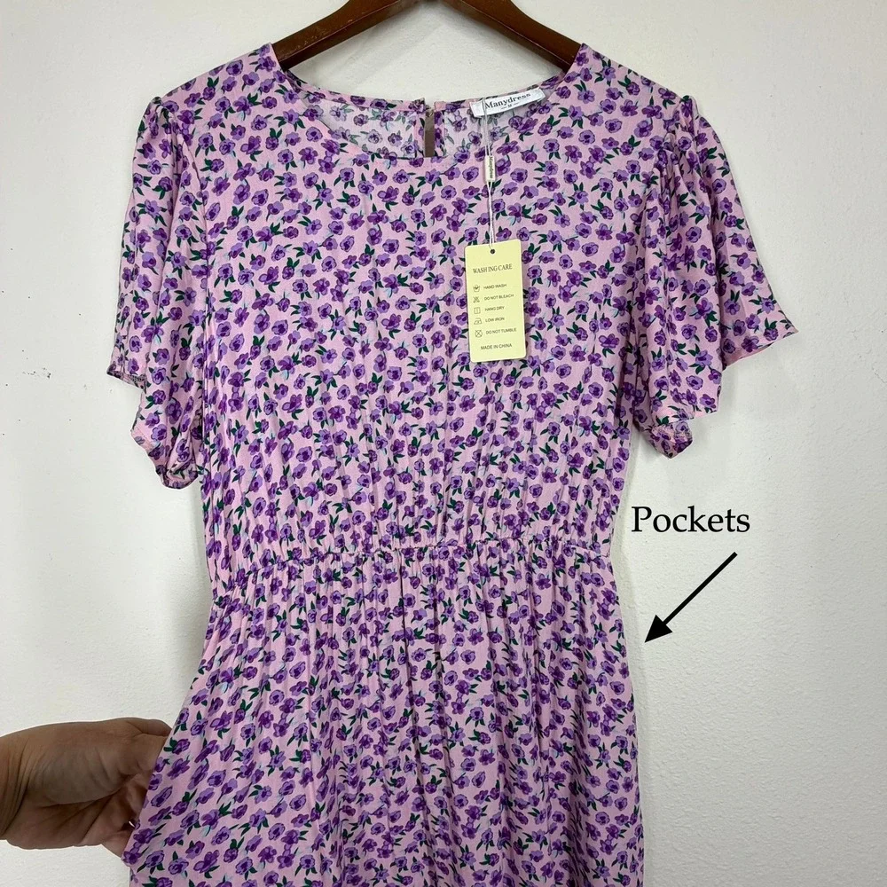 Manydress Womens Floral Maxi Dress Medium Pink Purple Tiered Boho Cottagecore